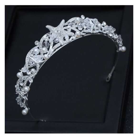 Silver Crystals, Pearls, Beads Hand Decorated Starfish Beach Wedding Tiara NWT - Picture 1 of 9